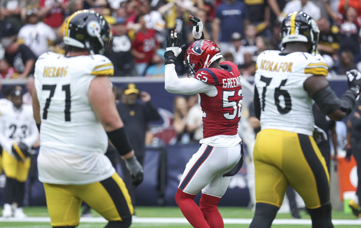 Oct 1, 2023; Houston, Texas, USA; Houston Texans defensive end Jonathan Greenard (52) reacts after making a tackle during the third quarter against the Pittsburgh Steelers at NRG Stadium. Mandatory Credit: Troy Taormina-USA TODAY Sports